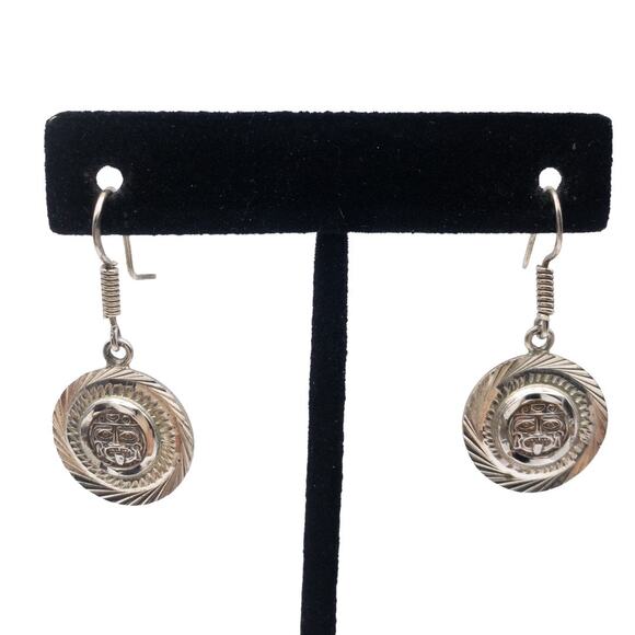Vintage Mexican 925 Sterling Silver Aztec Mask Dangle Earrings Round - Picture 6 of 13